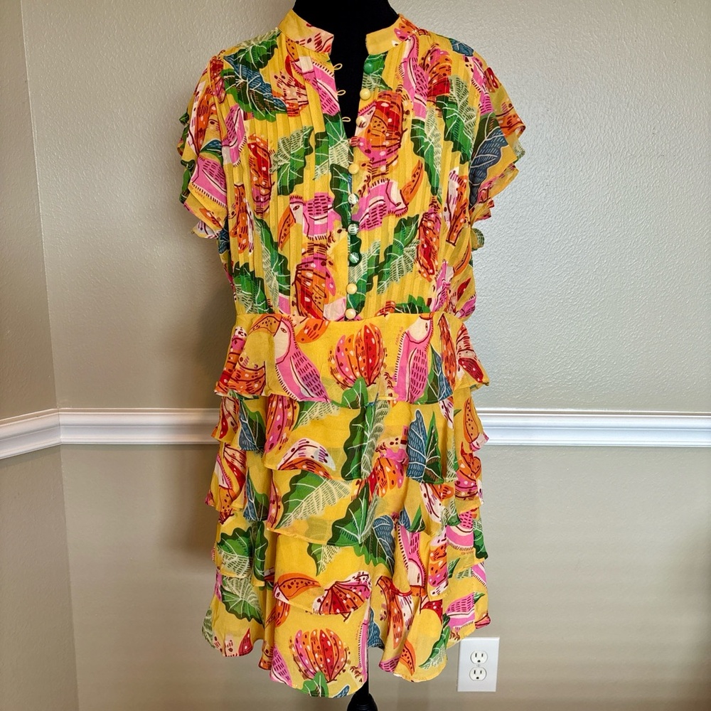 FARM Rio Yellow Tropical Print Ruffle Tiered Mini Dress Size M